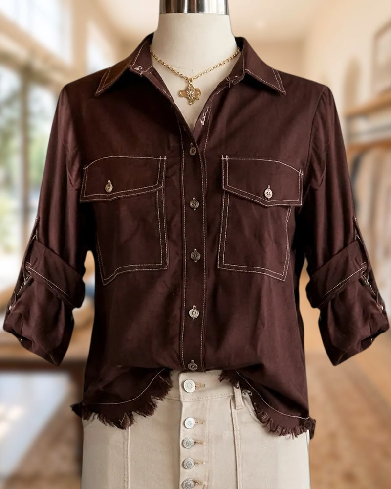 Contrast Stitch Flap Pocket Roll Tab Frayed Hem Shirt