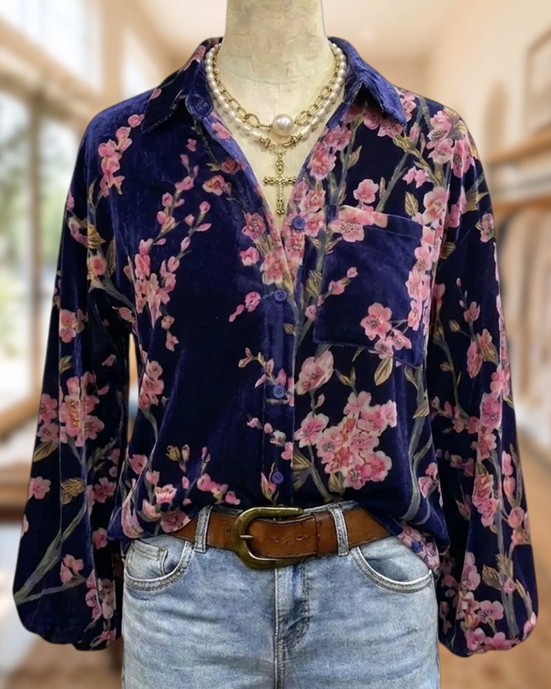 Velvet Floral Print Collared Button Front Glamorous Blouse
