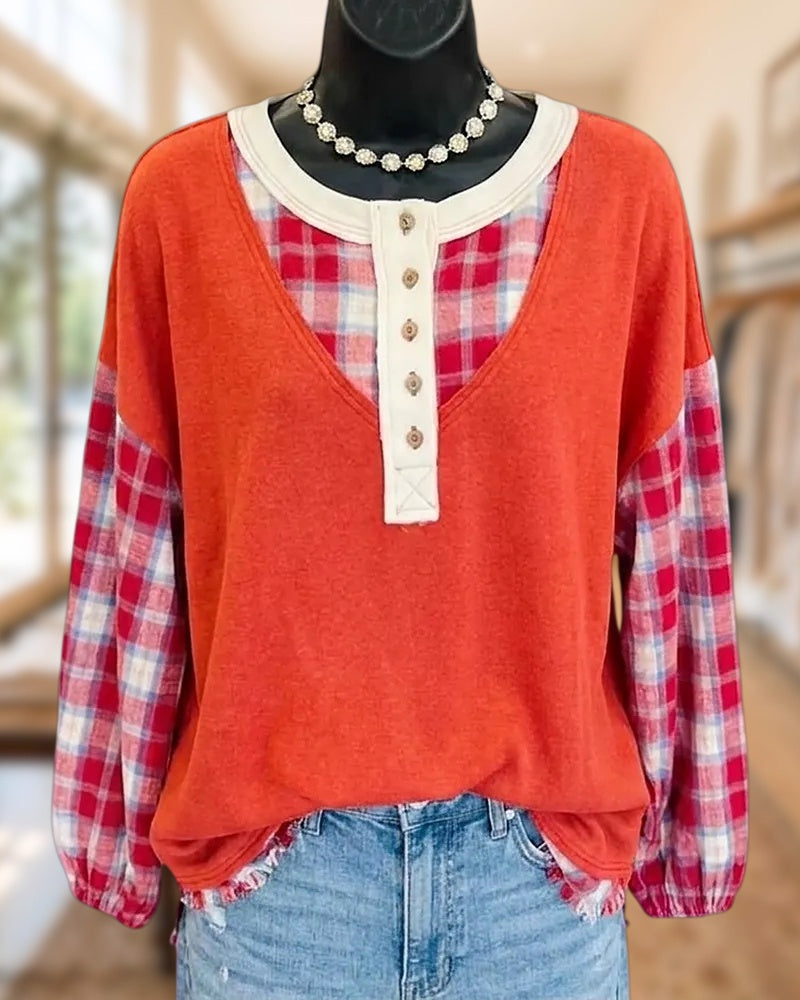Plaid Contrast Long Sleeve Henley Placket Loose Casual Top