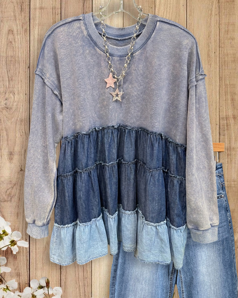 Washed Tiered Ruffle Hem Crew Neck Long Sleeve Sweatshirt