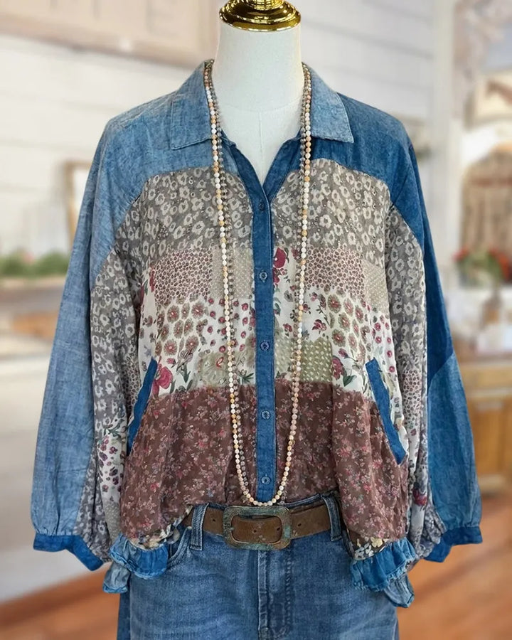 Patchwork Button Ruffled Hem Shirt