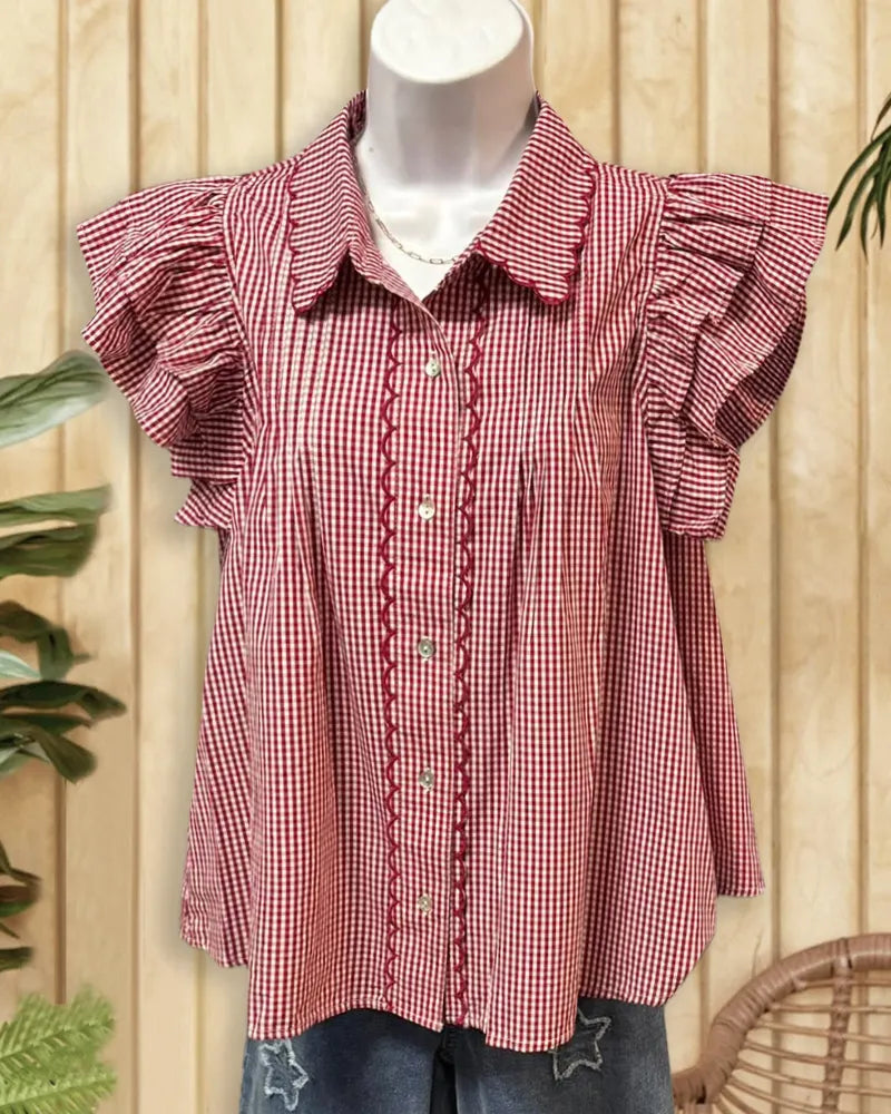 Scalloped Collar Ruffle Sleeve Button Front Casual Gingham Blouse