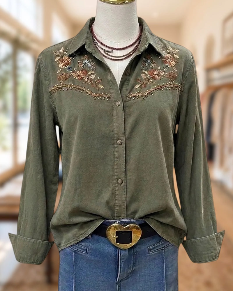 Floral Embroidery Lapel Button Shirt