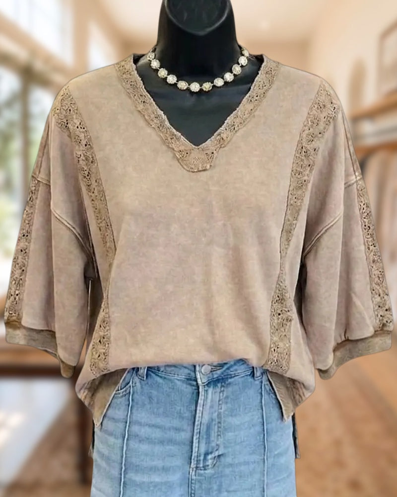 V Neck Lace Trim 3/4 Sleeve Loose Fit Blouse