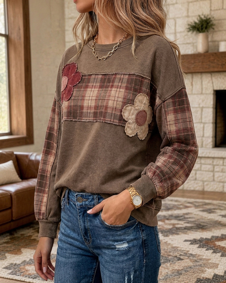 Plaid Patchwork Flower Applique Crew Neck Long Sleeve Sweatshirt