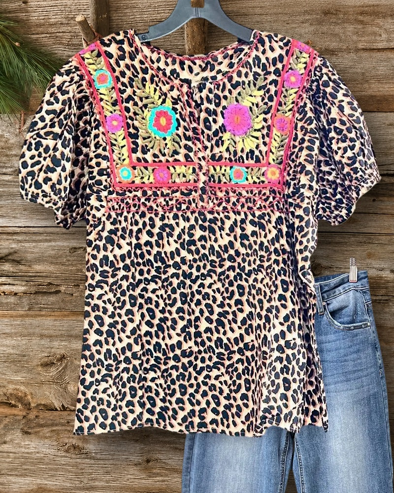 Leopard Print Floral Embroidered Puff Sleeve On-trend Blouse