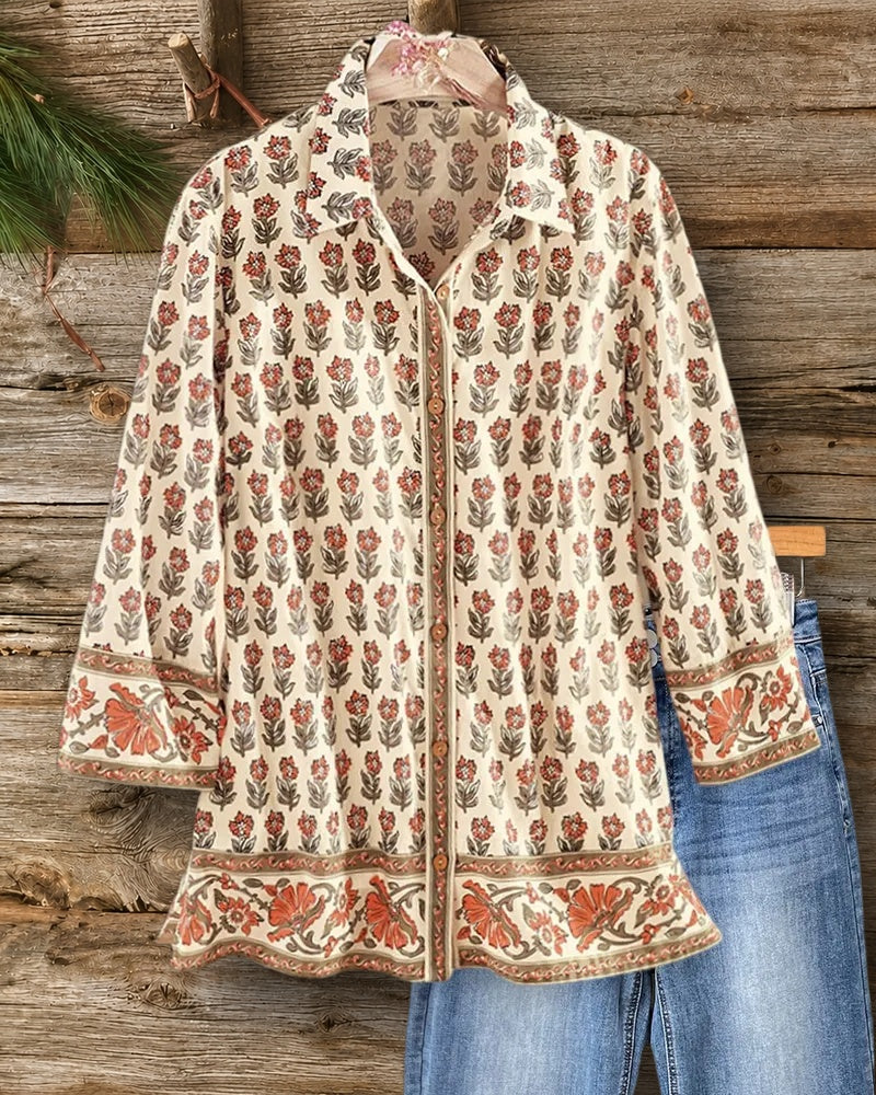 Relaxed Fit Floral Print Collared Button Front 3/4 Sleeve Blouse