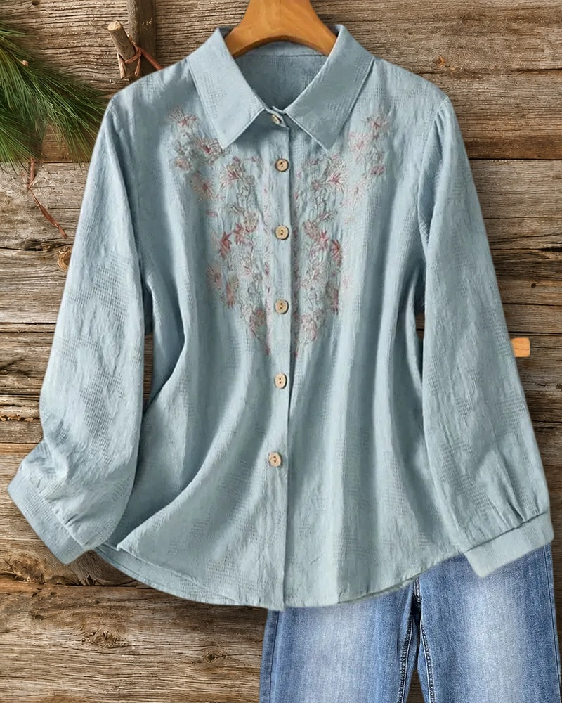 Floral Embroidery Collared Button Down Long Sleeve Casual Shirt