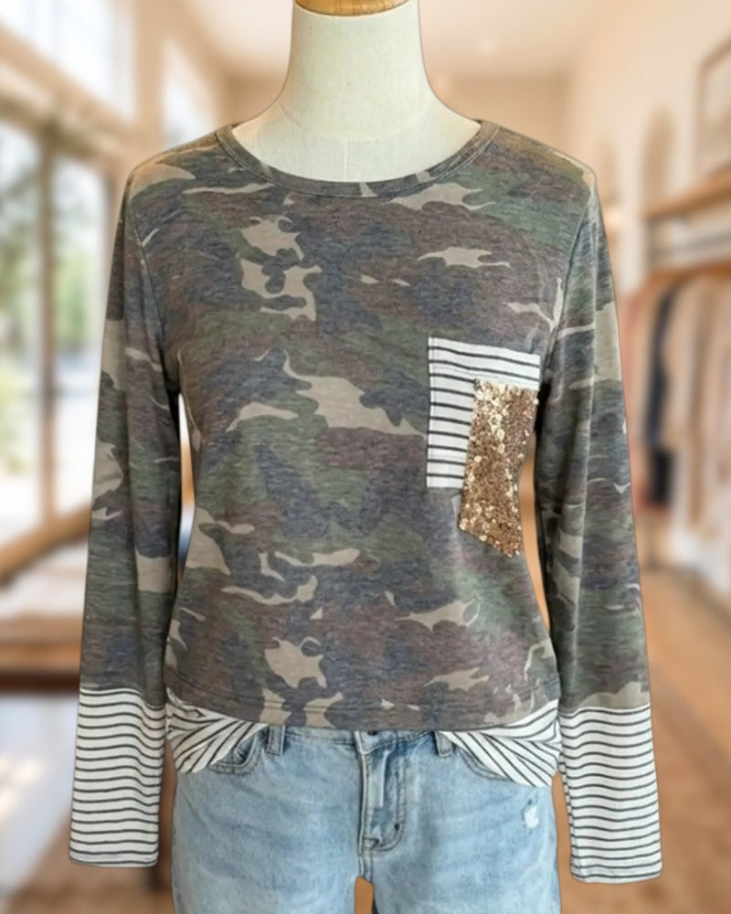 Camo Print Sequin Pocket Striped Trim Long Sleeve Top