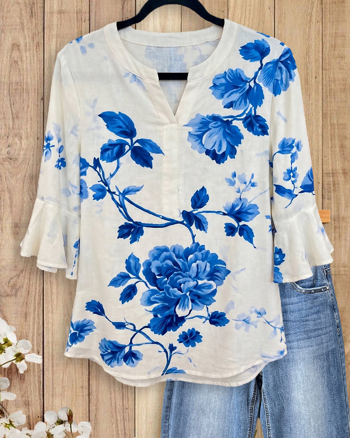 Floral Print Flare Sleeve V Neck Casual Relaxed Fit Blouse