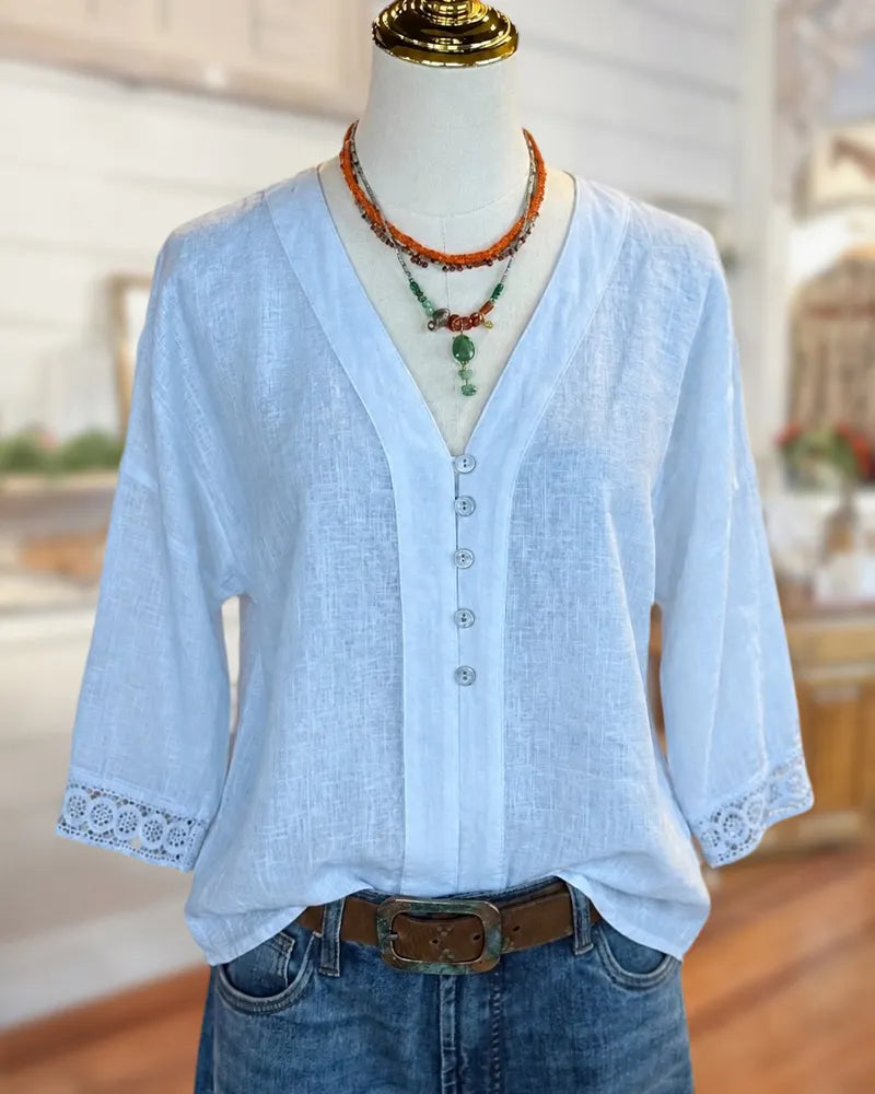 V Neck Button Front Lace Trim 3/4 Sleeve Blouse