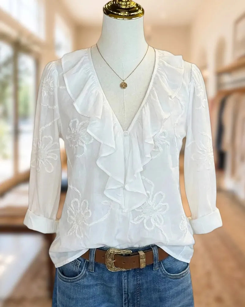 Ruffled V Neck Button Front Embroidered 3/4 Sleeve Blouse
