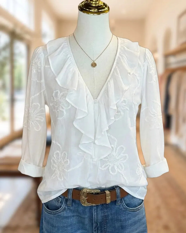 Ruffled V Neck Button Front Embroidered 3/4 Sleeve Blouse