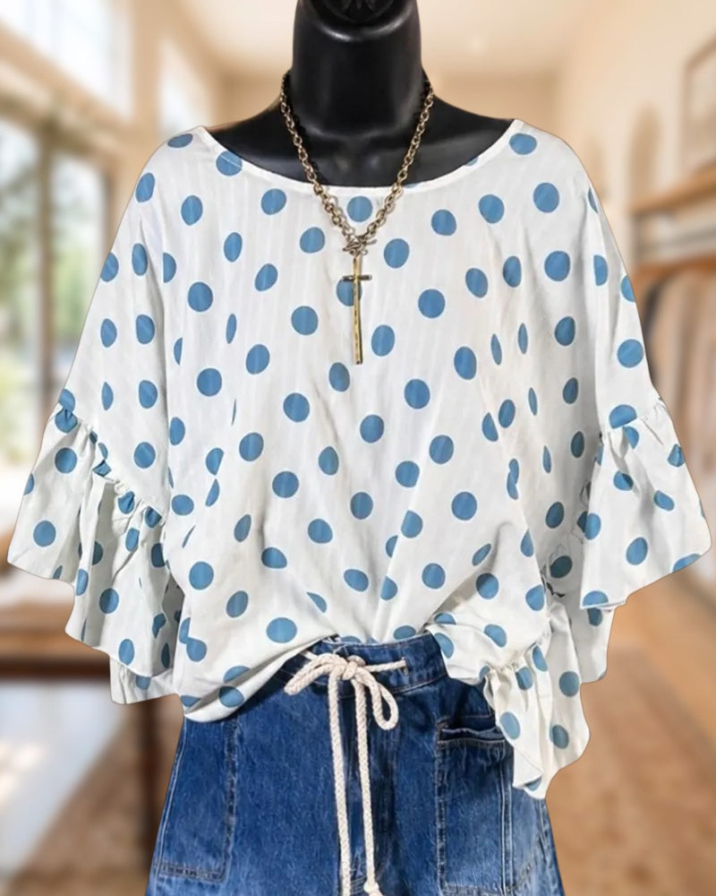 Polka Dot Ruffle Sleeve Loose Flowy Lightweight Blouse