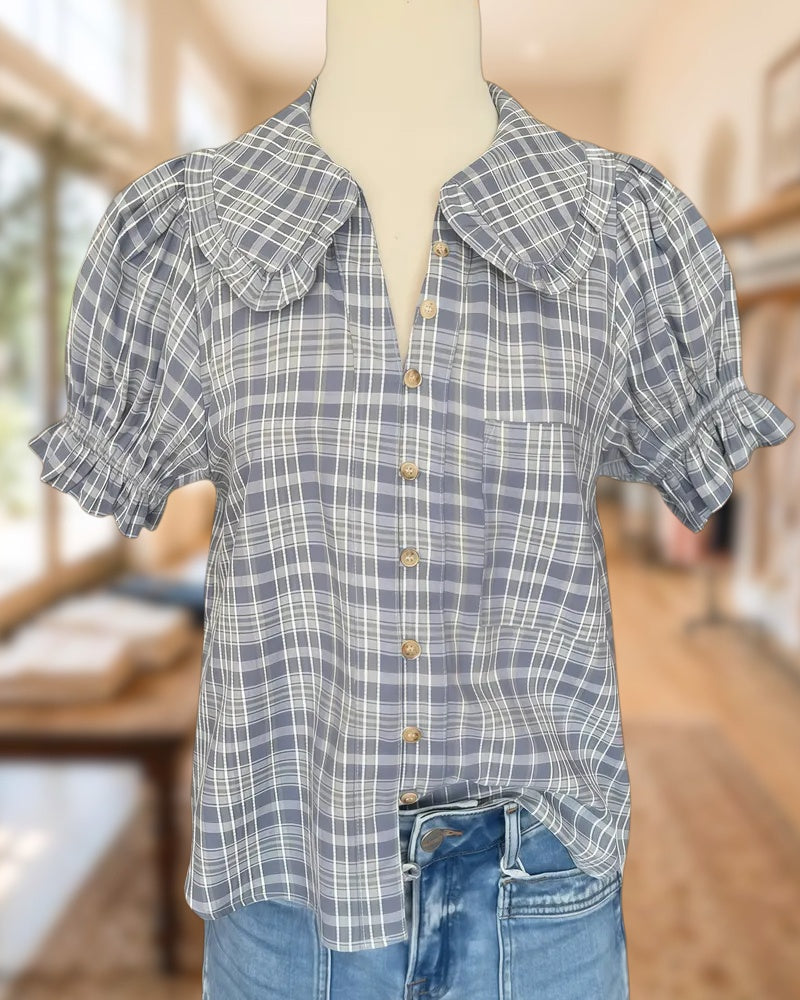 Peter Pan Collar Plaid Puff Sleeve Ruffled Button Front Blouse
