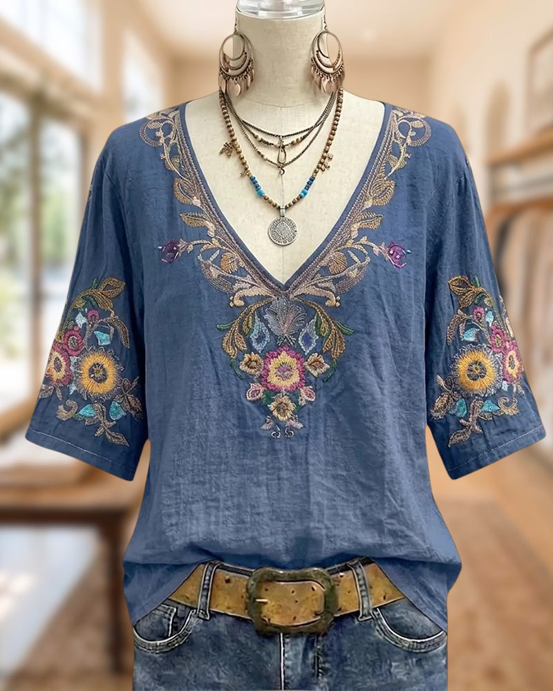 V Neck Floral Embroidered Half Sleeve Loose Fit Blouse