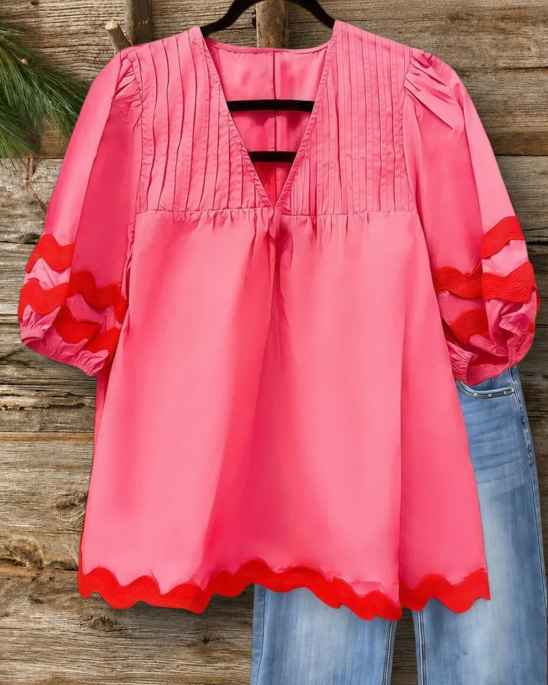 Color Block Patchwork Urban Pleated Detail T-Shirt
