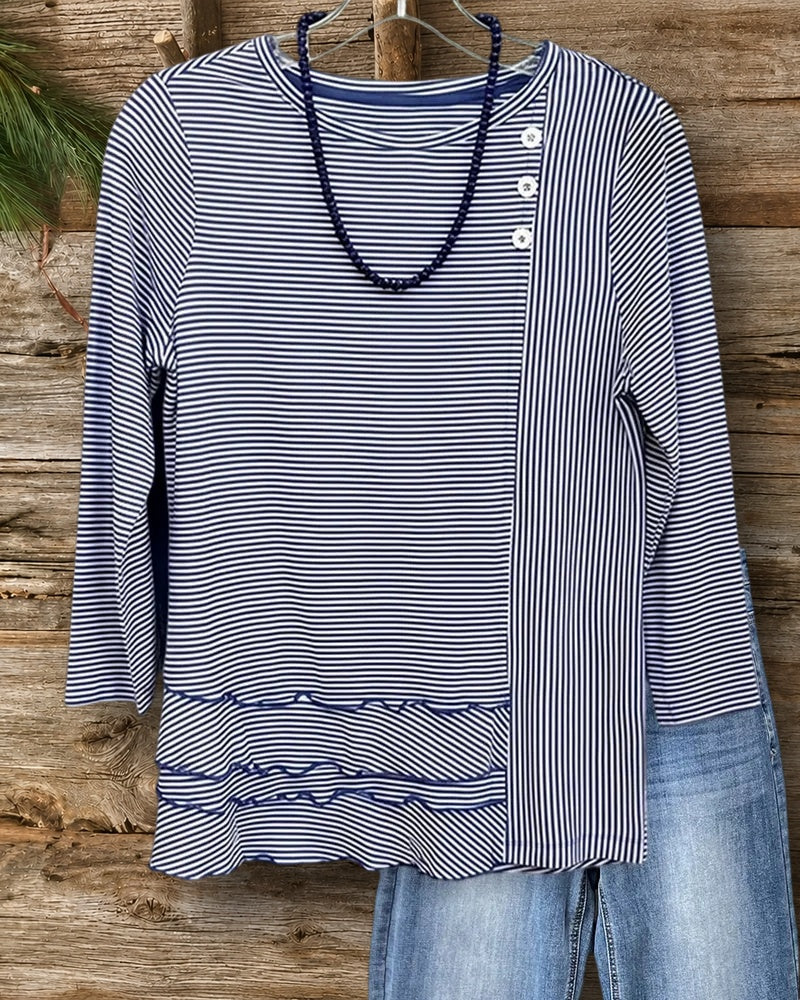Striped 3/4 Sleeve Tiered Hem Side Button Detail Top