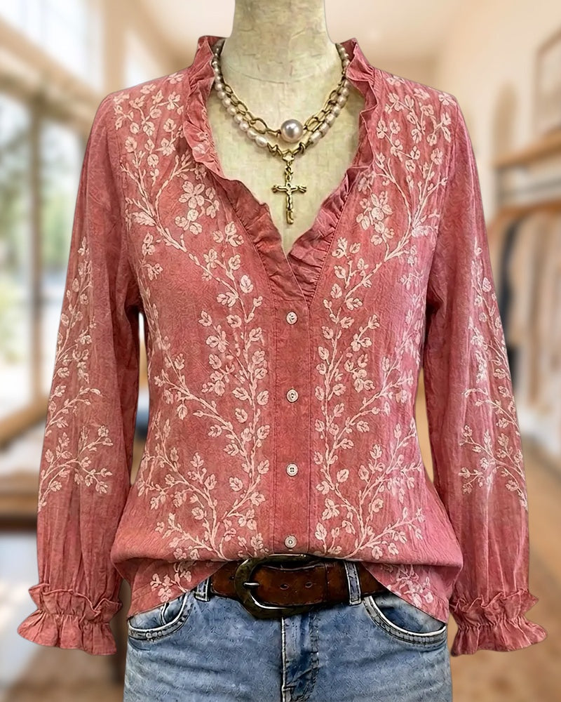 Floral Ruffle Trim Button Blouse