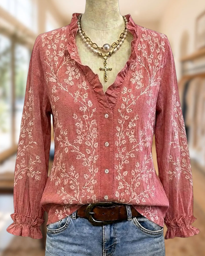 Floral Ruffle Trim Button Blouse