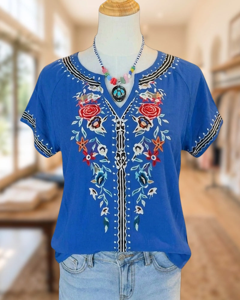 Floral Print Contrast Trim V Neck Short Sleeve Blouse