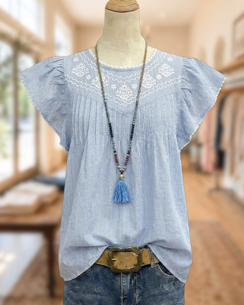 Embroidered Flutter Sleeve Striped Scallop Trim Loose Casual Blouse