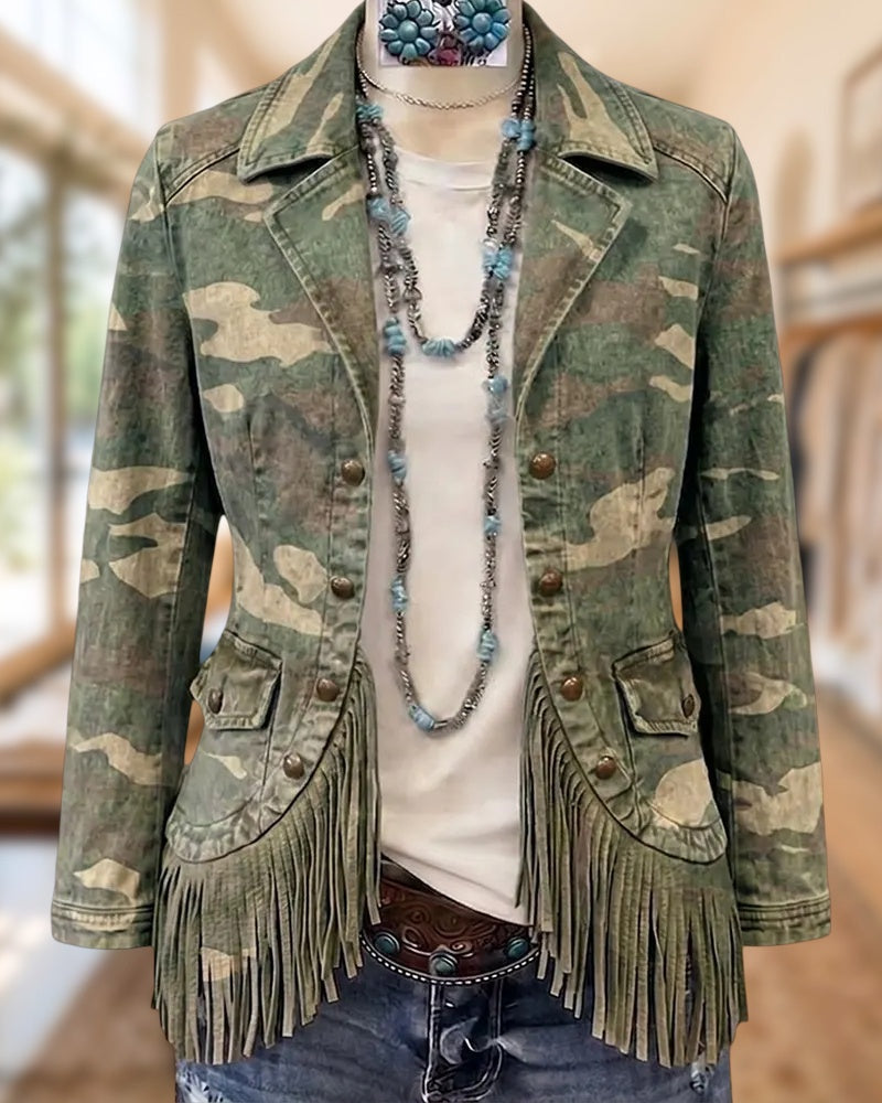 Camo Print Tassels Trim Single Breasted Notched Lapel Jacket