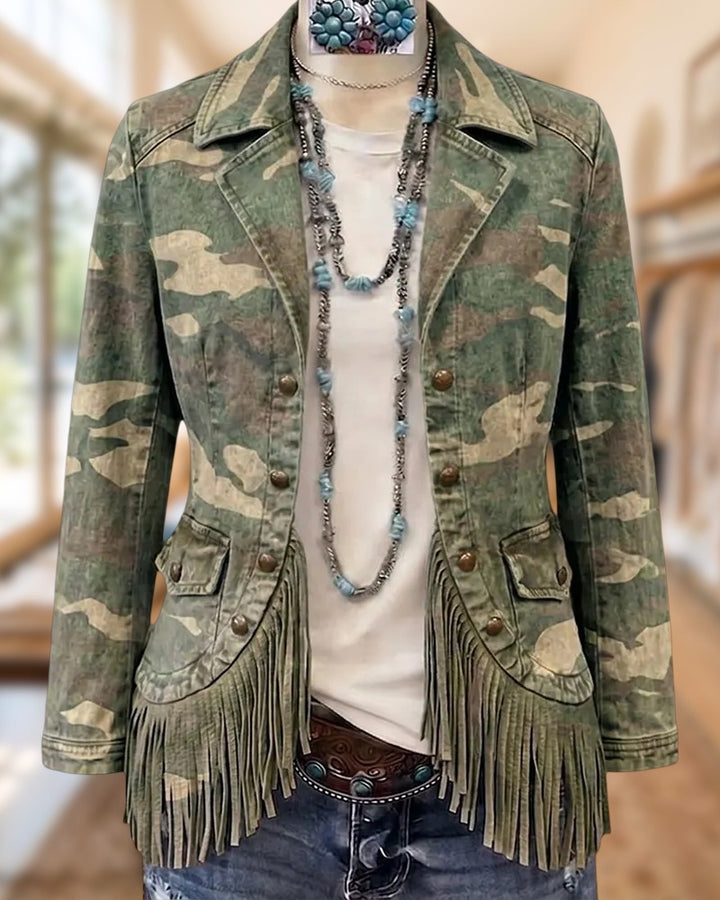 Camo Print Tassels Trim Single Breasted Notched Lapel Jacket