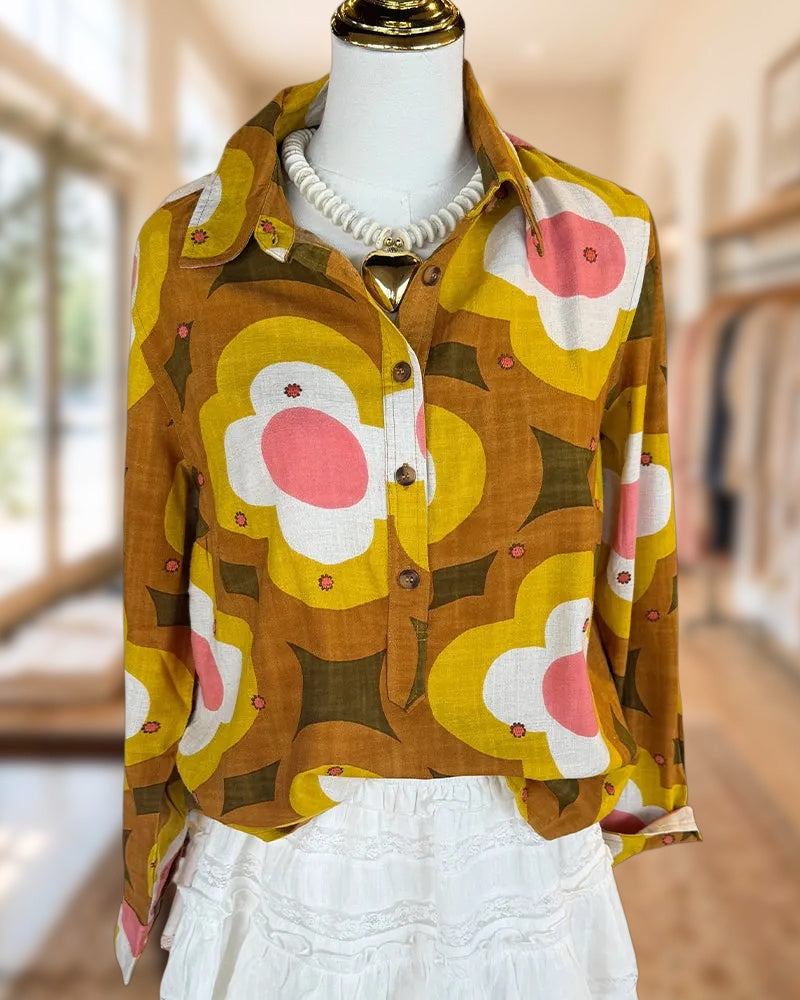 Retro Floral Print Collared Long Sleeve Button Front Shirt