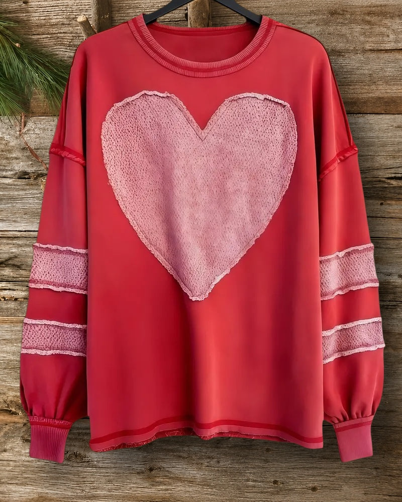 Heart Applique Smart Round Neck Drop-Shoulder Sweatshirt