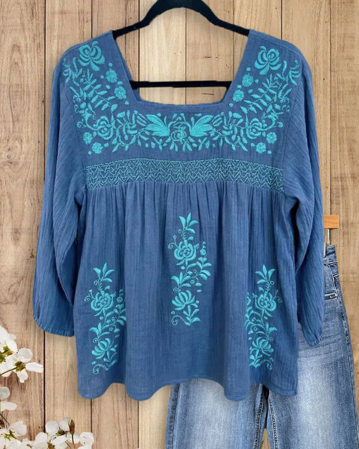 Square Neck Floral Embroidered 3/4 Sleeve Gathered Loose Blouse