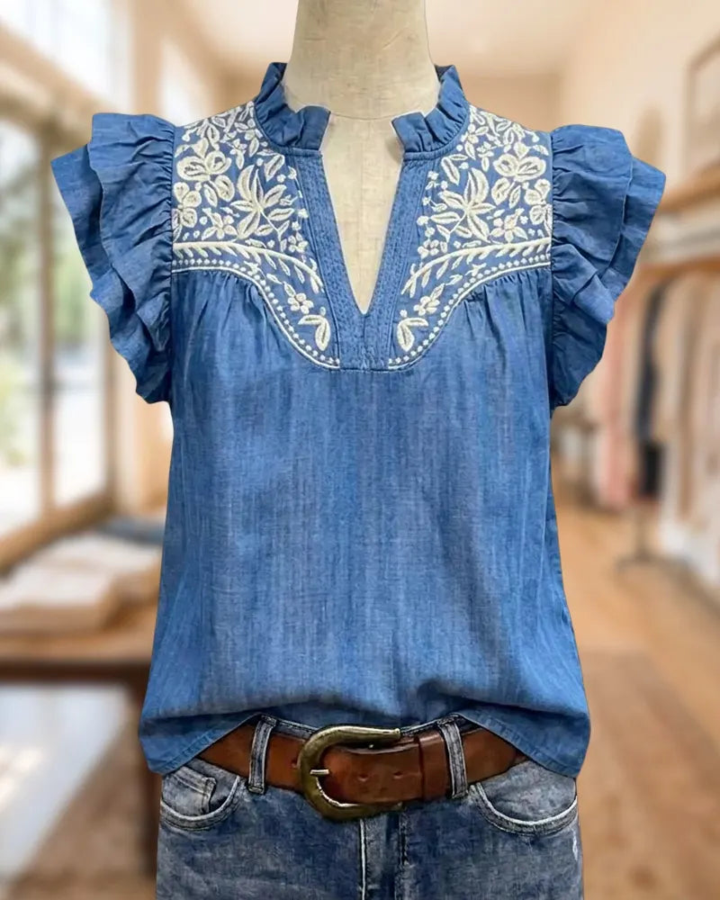 Floral Embroidery Ruffle Sleeve V Neck Loose Casual Blouse