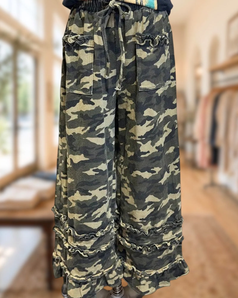 Camo Print Ruffled Wide Leg Pants with Patch Pockets