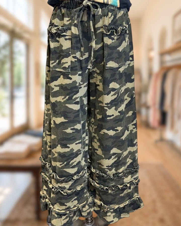 Camo Print Ruffled Wide Leg Pants with Patch Pockets