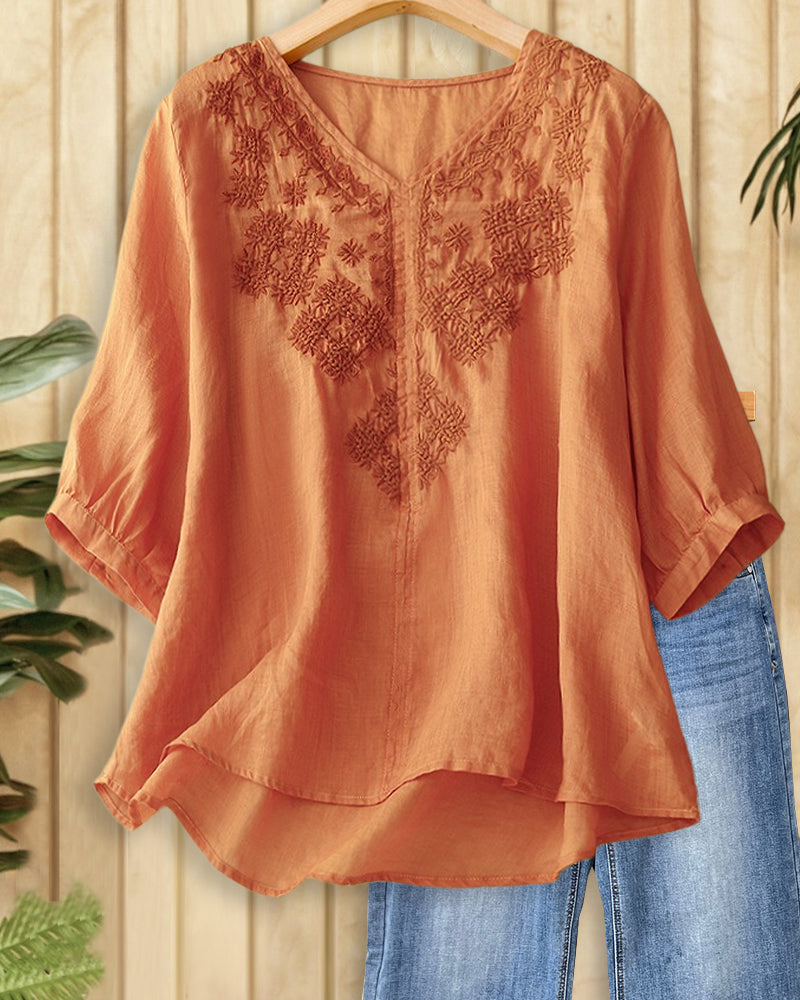 Solid Color Floral Embroidery V Neck Laid Back Blouse