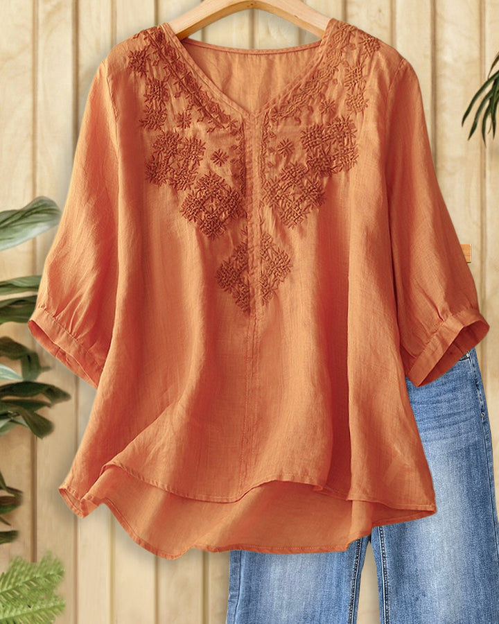 Solid Color Floral Embroidery V Neck Laid Back Blouse