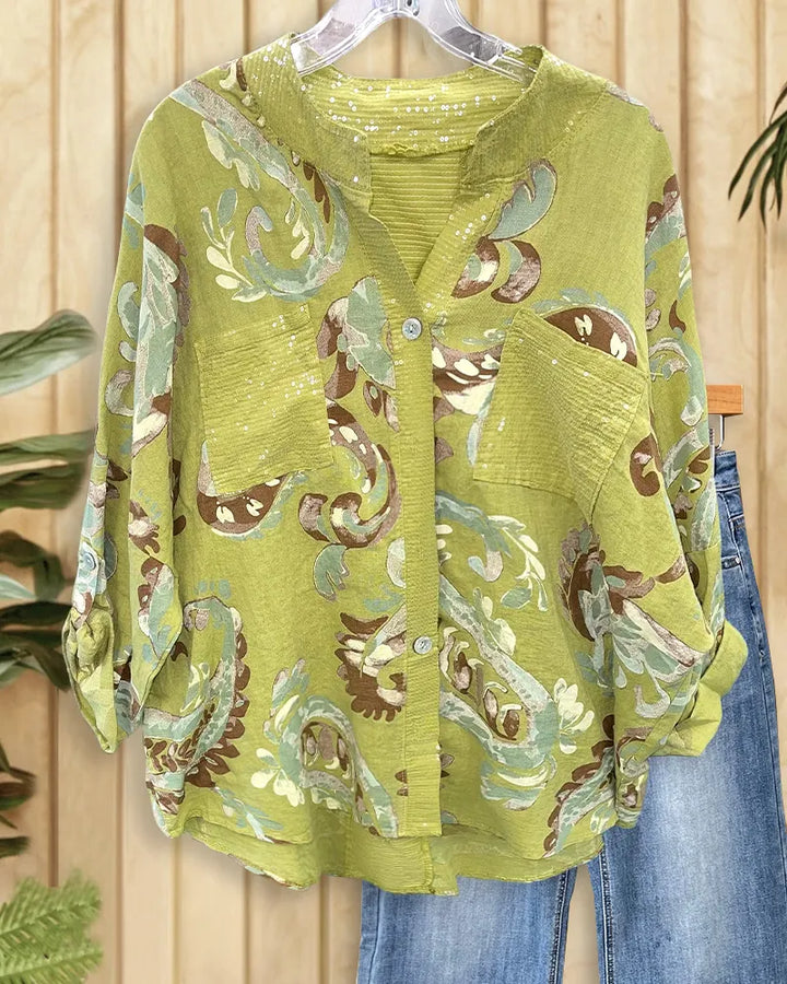Sequined & Paisley Print Cozy Pocket Button Up Shirt