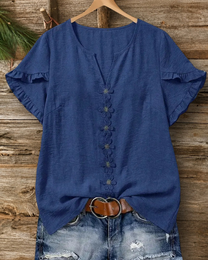 Ruffle Sleeve Floral Applique V Neck Loose Casual Blouse