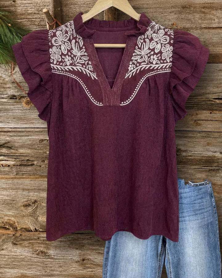 Floral Embroidery Ruffle Sleeve V Neck Elegant Blouse