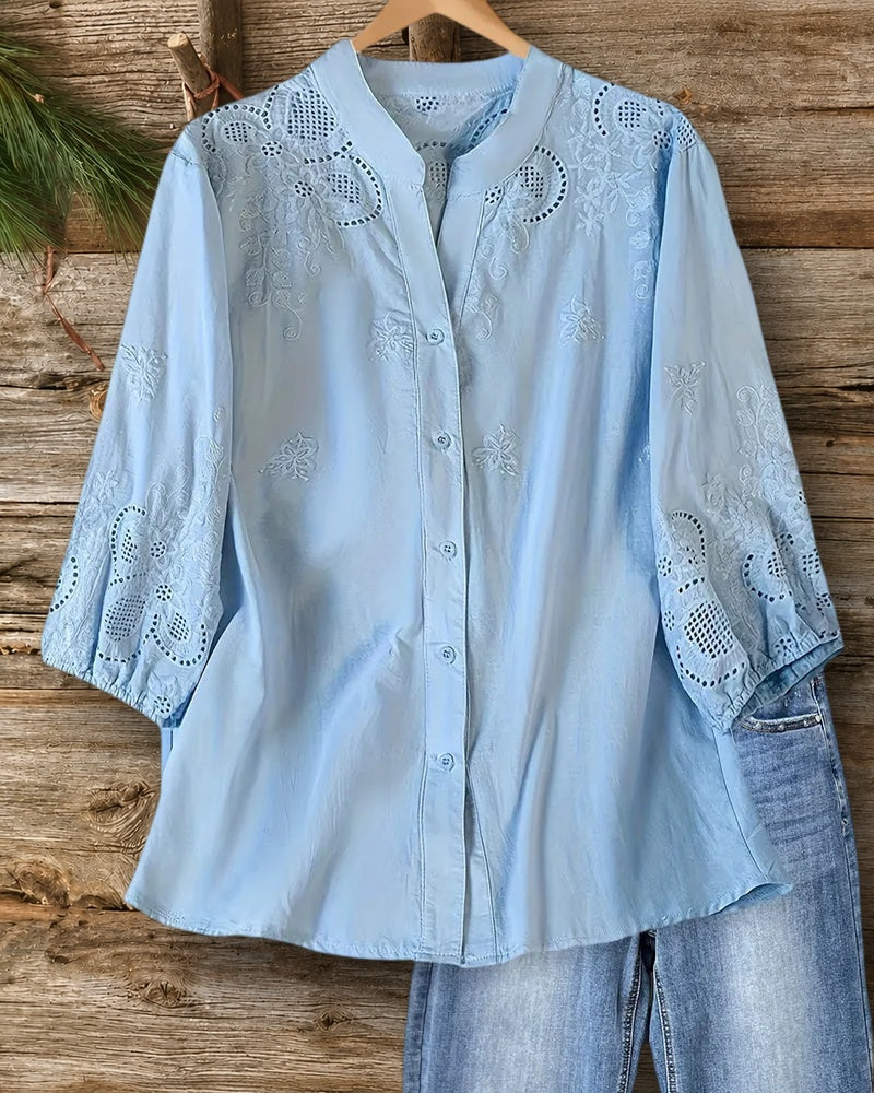 Mandarin Collar Embroidered Cutout 3/4 Sleeve Button Front Blouse