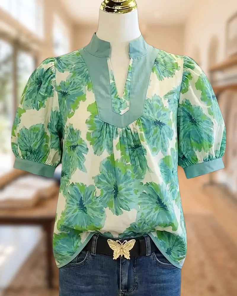 Floral Print Puff Sleeve Contrast Trim V Neck Blouse