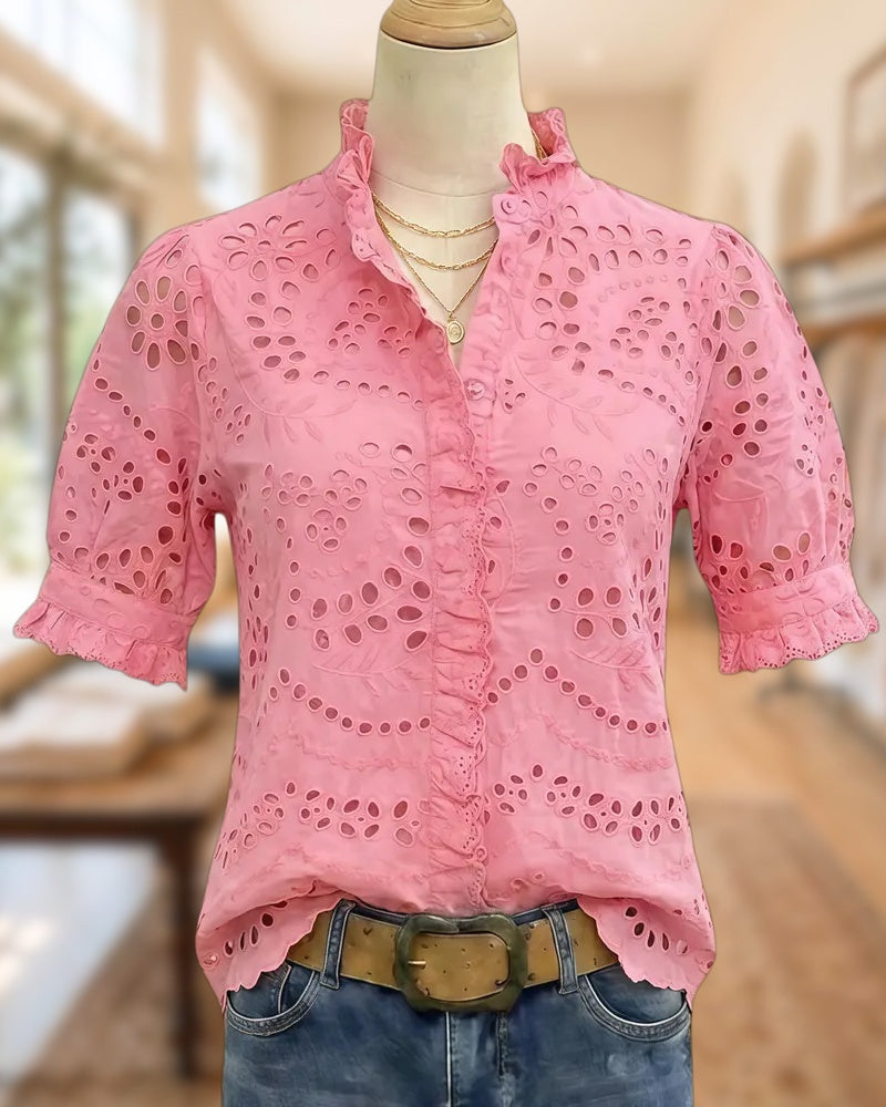 Floral Embroidery Eyelet Sophisticated Ruffles Trim Button Up Blouse