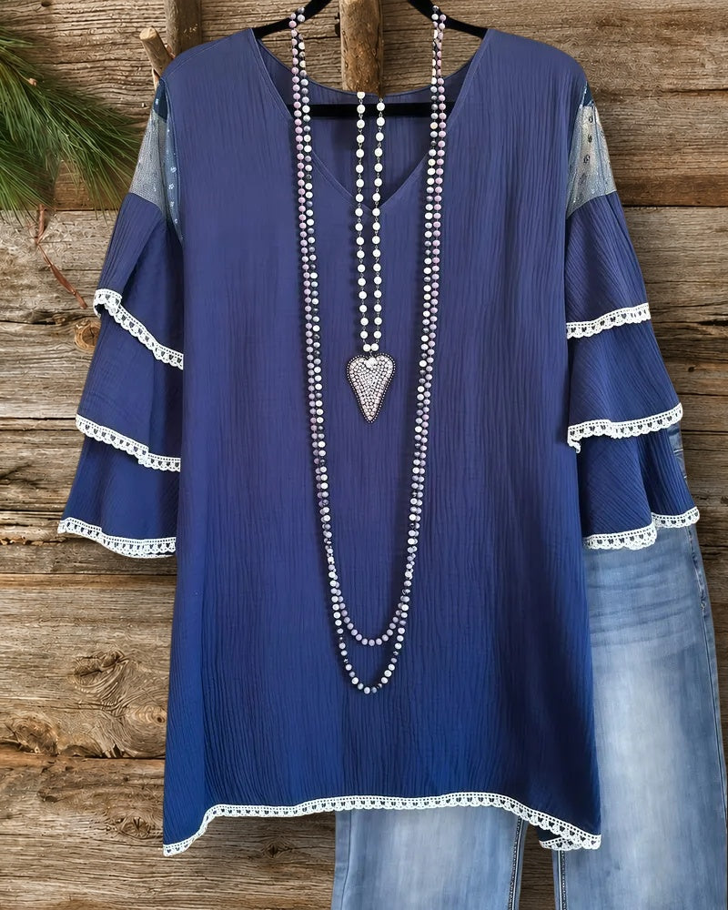 Mesh Patchwork Lace Trim Tiered Sleeve Pretty Blouse
