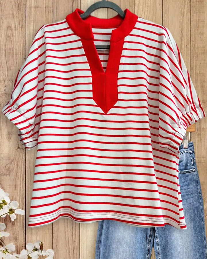 Striped Contrast V Neck Batwing Sleeve Loose Casual Blouse