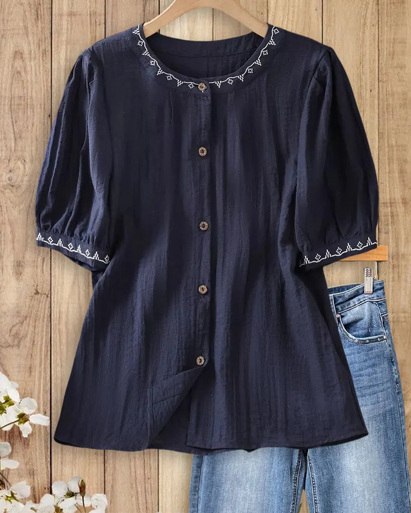 Round Neck Embroidery Trim Button Front Puff Sleeve Blouse