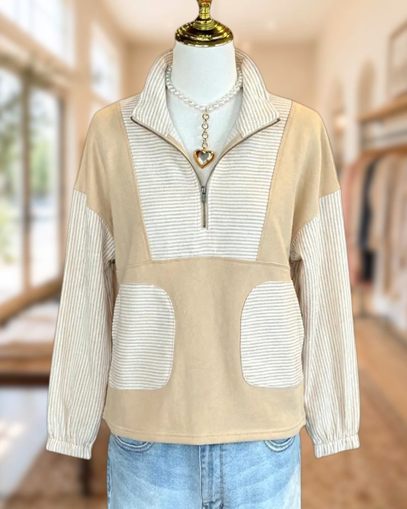 Patchwork Striped Sporty Zipped Design Sweatshirt