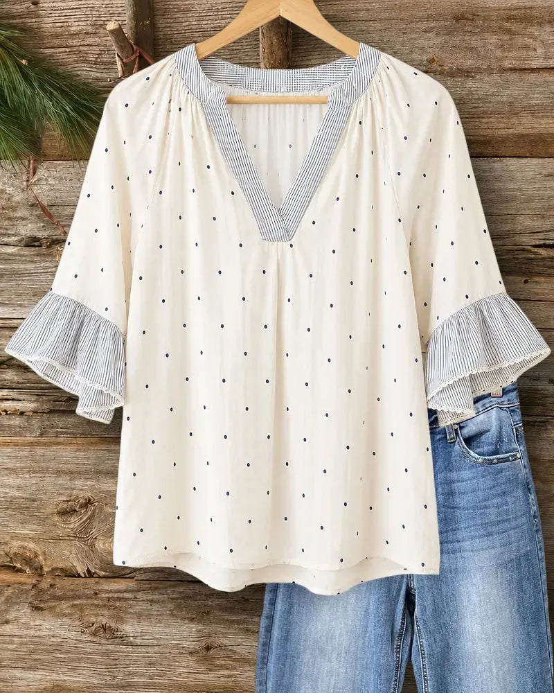 Polka Dot V Neck Ruffle Sleeve Contrast Striped Trim Blouse