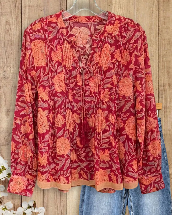 Casual Floral Print Tie Neck Pleated Long Sleeve Blouse