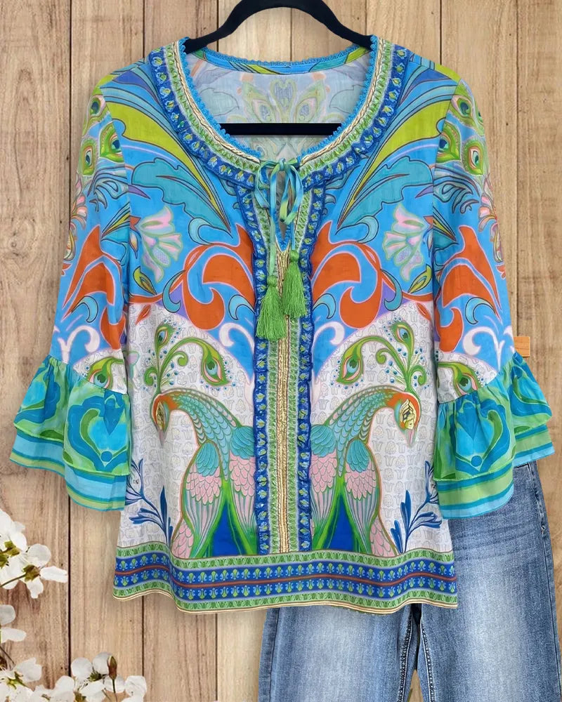 Boho Peacock Print Tie Neck Flare Sleeve Casual Blouse