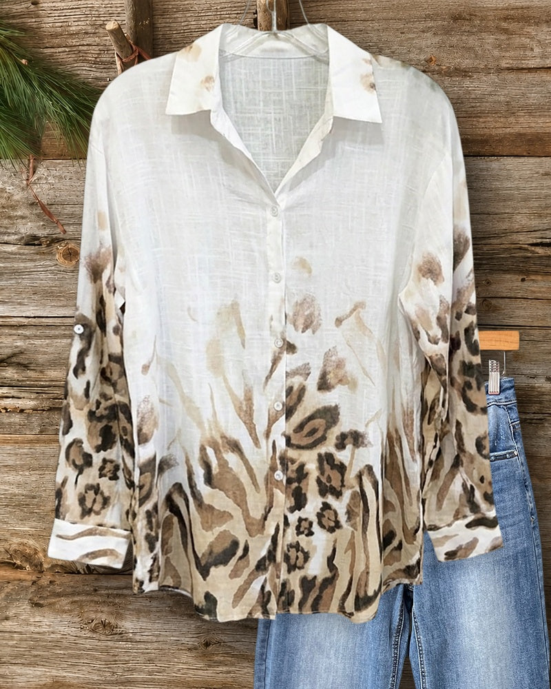 Collared Button Front Gradient Animal Print Long Sleeve Casual Shirt